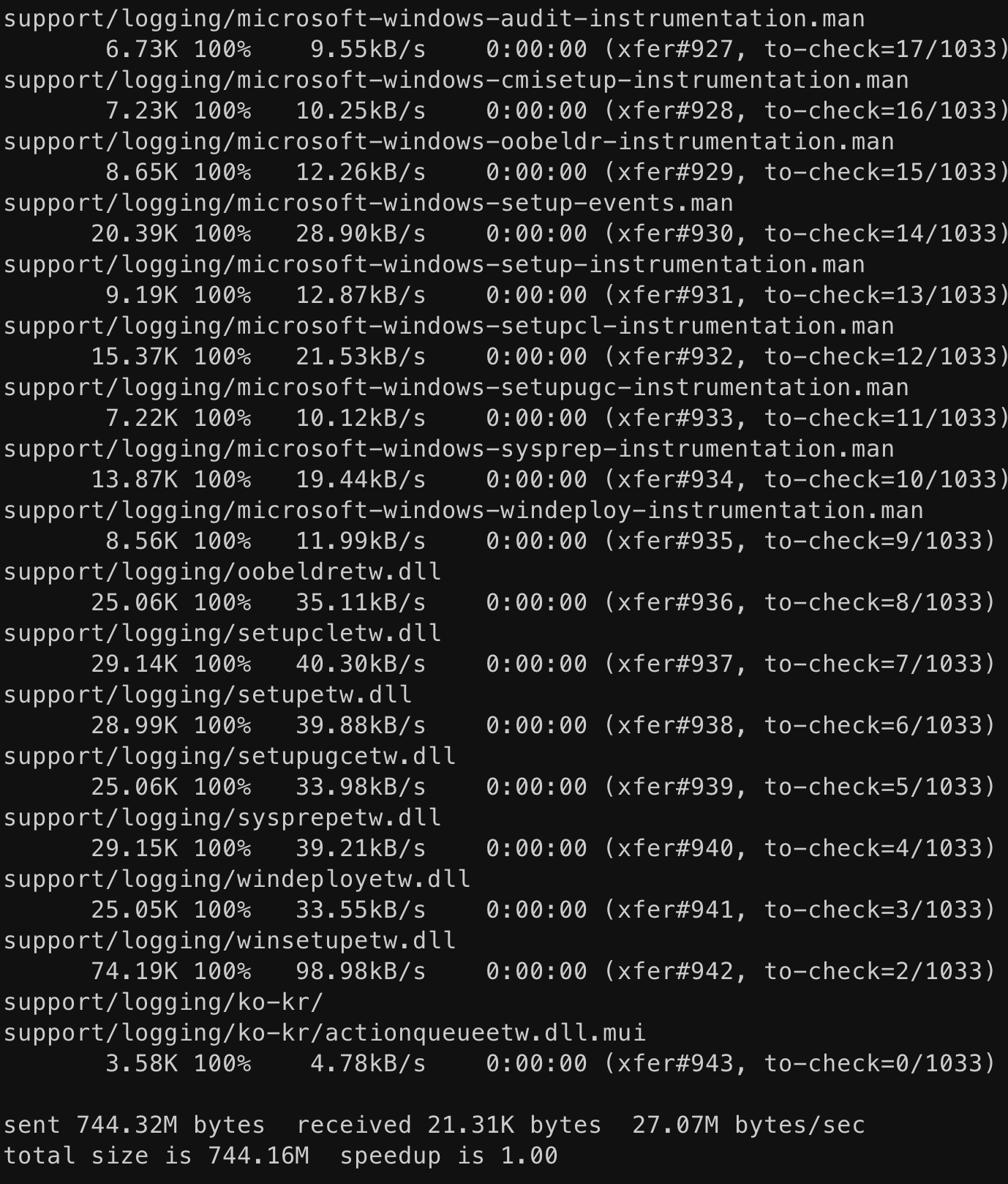 rsync 실행 결과