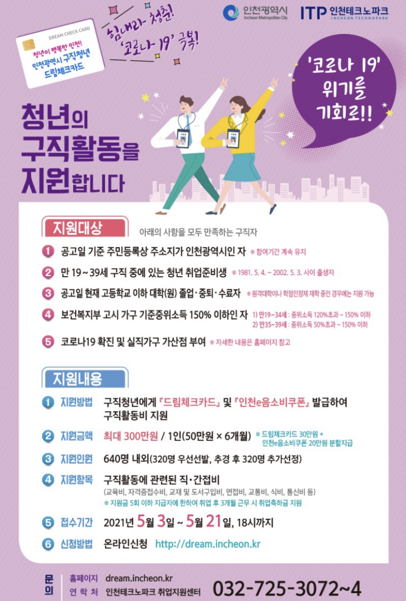  인천시 구직청년을 위한 드림체크카드 지원(최대 300만원 지급)