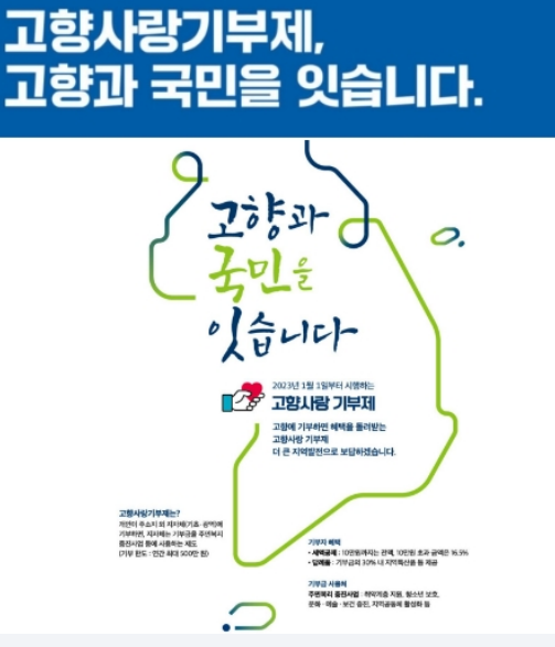  (행안부) 2023년 새해 첫 시행 고향사랑기부제! 10만원 기부하면 13만원 혜택세액공제와 답례품까지!!