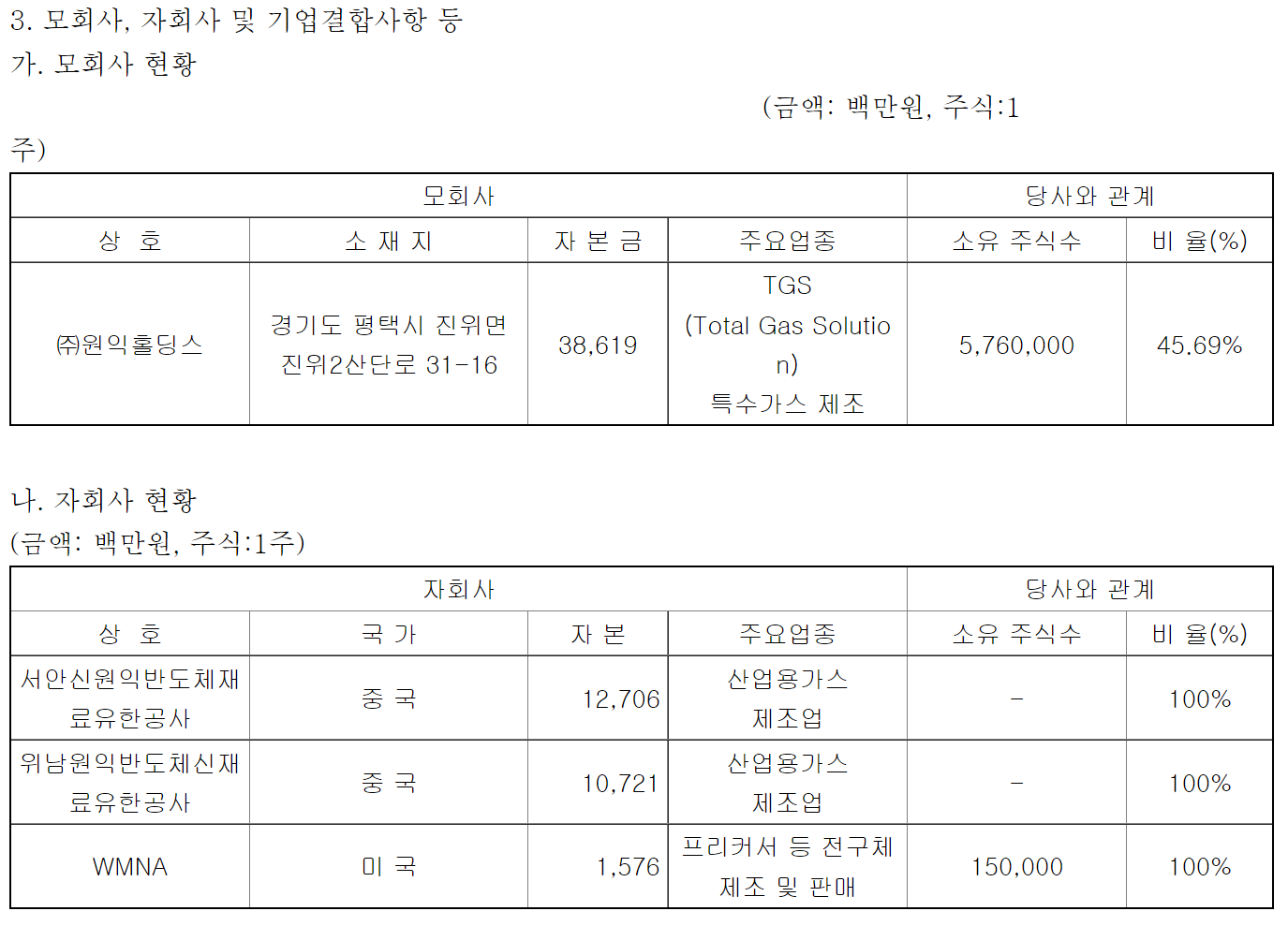 원익 모회사 및 자회사 현황