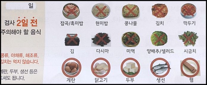 김, 다시마, 미역, 양배추 등 검사 2일 전 주의해야하는 식품이 그려져있는 목록