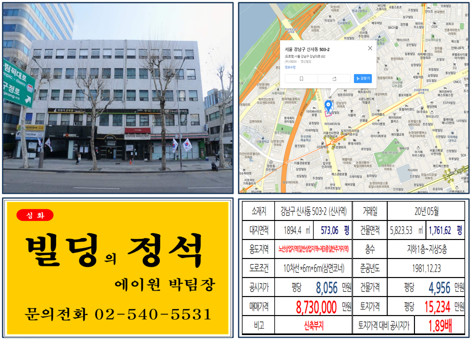  [강남구 강남대로 대로변 신축개발부지 실거래가 조회] 신사동 503-2 (신사역) 873억 원, 평당 15,234만 원, 가로수길, 한남대교, 신분당선 호재지역