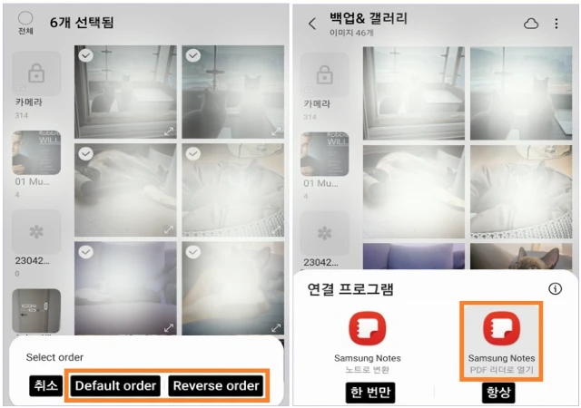 사진 순서 선택 후 PDF 리더로 열기를 탭합니다.