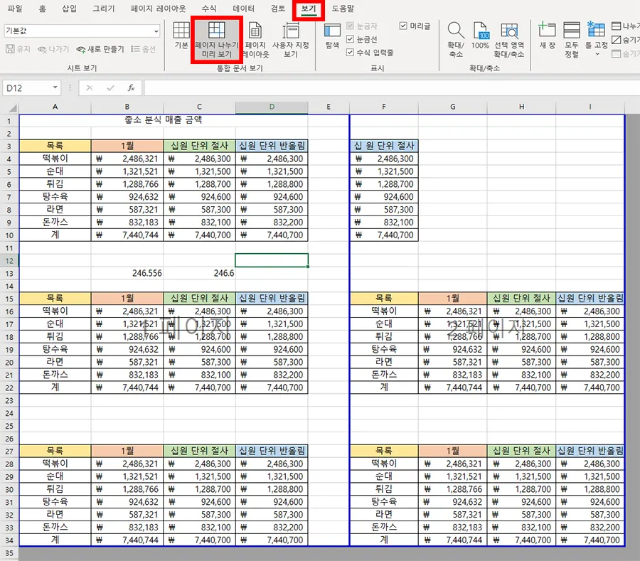 엑셀 페이지 나누기 미리 보기 표시를 누른 후의 모습