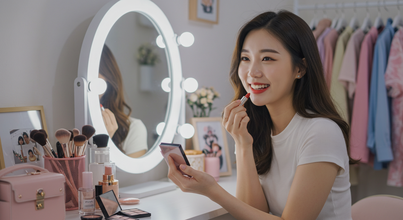 밝은 조명 앞에서 거울을 보며 립스틱을 바르는 미소 짓는 여성