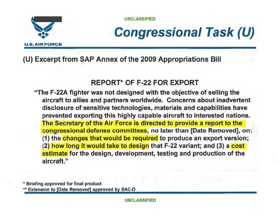 F-22 수출 버전 연구를 위한 국회의원 요구사항에 미 공군에서 하이라이트를 추가