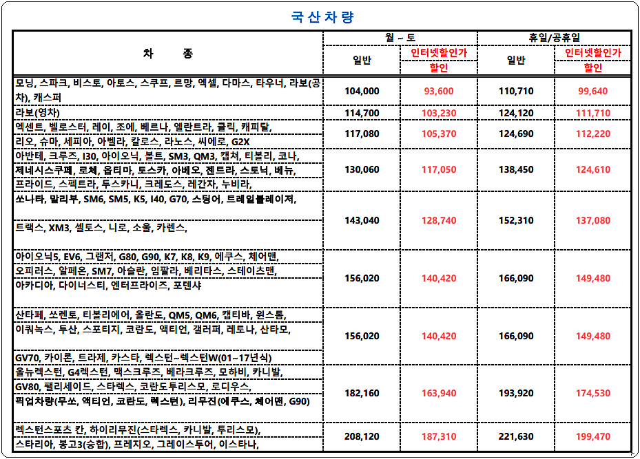 자동차 요금표