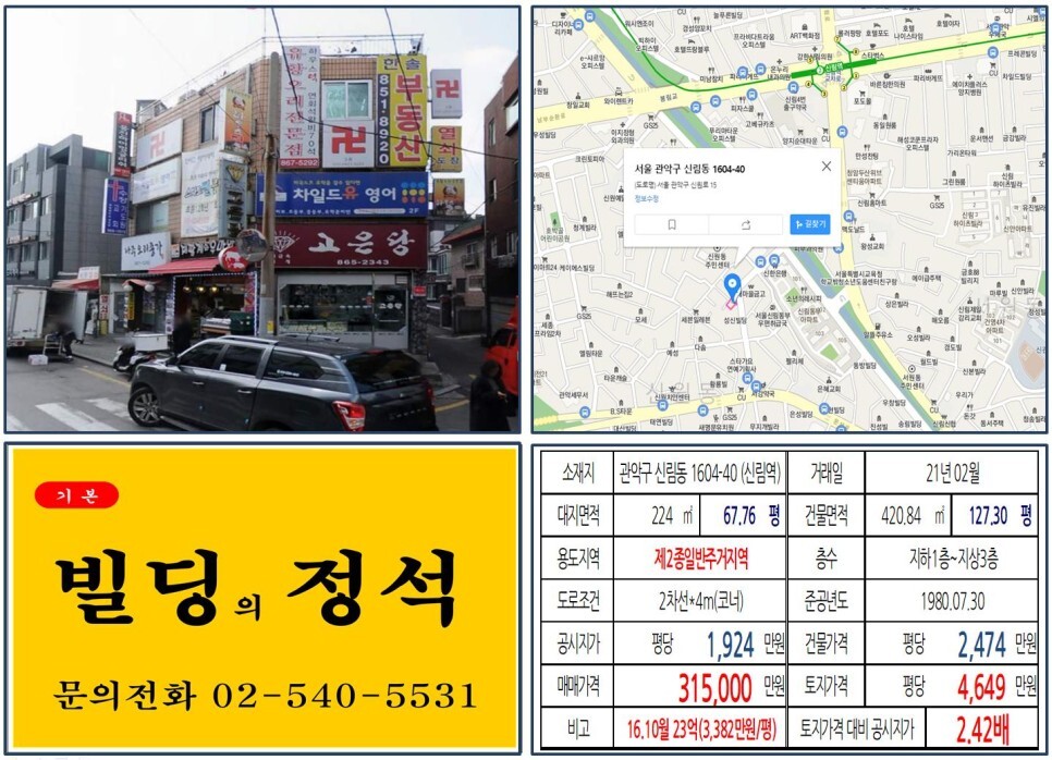  [관악구 신원시장 30억 꼬마빌딩 실거래가 조회] 신림동 1604-40 (신림역) 31.5억 원, 평당 4,649만 원 매매되었습니다. 신림선 경전철, 신림뉴타운