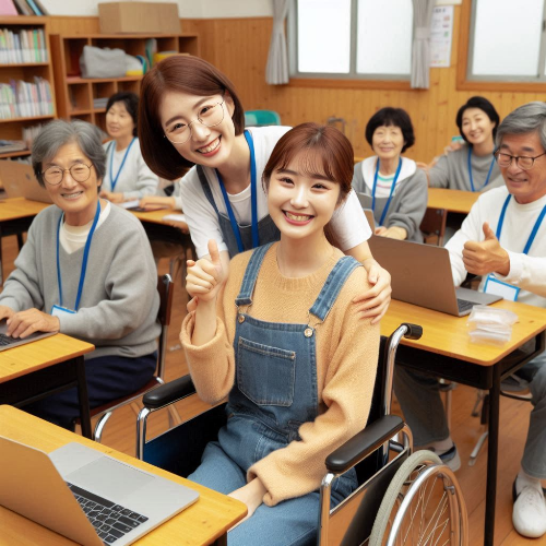 장애인 평생교육 혜택을 받으며 기뻐하는 장애인과 자원봉사자
