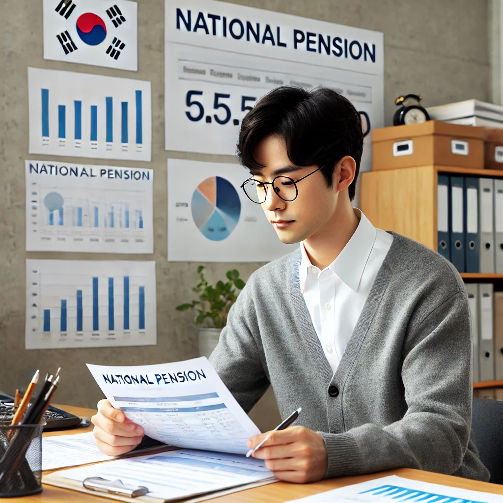 국민연금 관련 문서를 보고 있는 한국 사무원