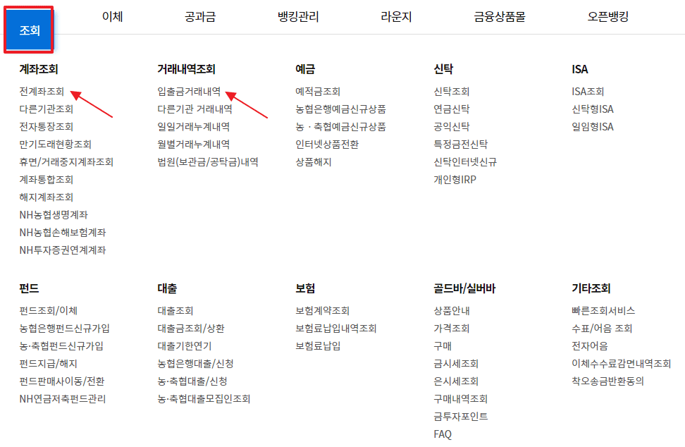 농협 인터넷 뱅킹 계좌 조회