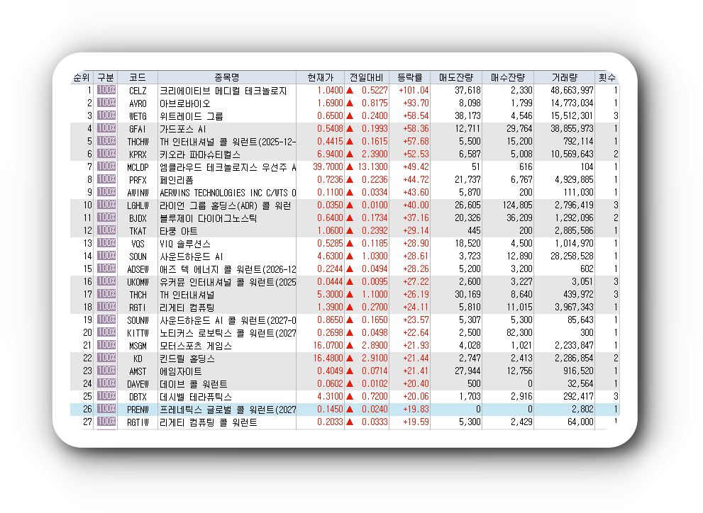  2월8일 미국주식 상승률 상위 종목 TOP 300
