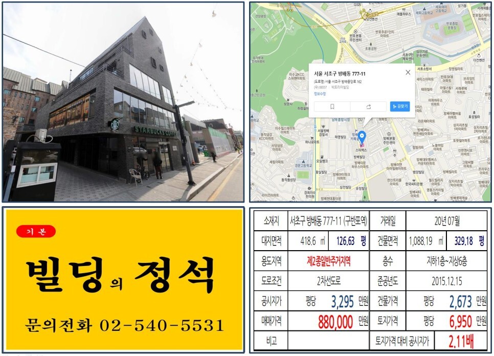  [서초구 스타벅스 80억 꼬마빌딩 실거래가 조회] 방배동 777-11 (구반포역) 88억 원, 평당 6,950만 원 매매되었습니다. 방배6구역 재개발, 방배동 카페골목