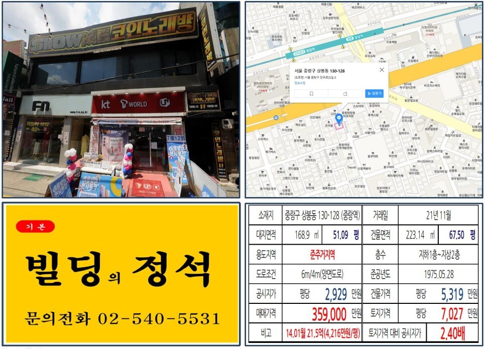  [중랑구 준주거지역 30억 꼬마빌딩 실거래가 조회] 상봉동 130-128 (중랑역) 35억 9,000만 원, 평당 7,027만 원 매매되었습니다.