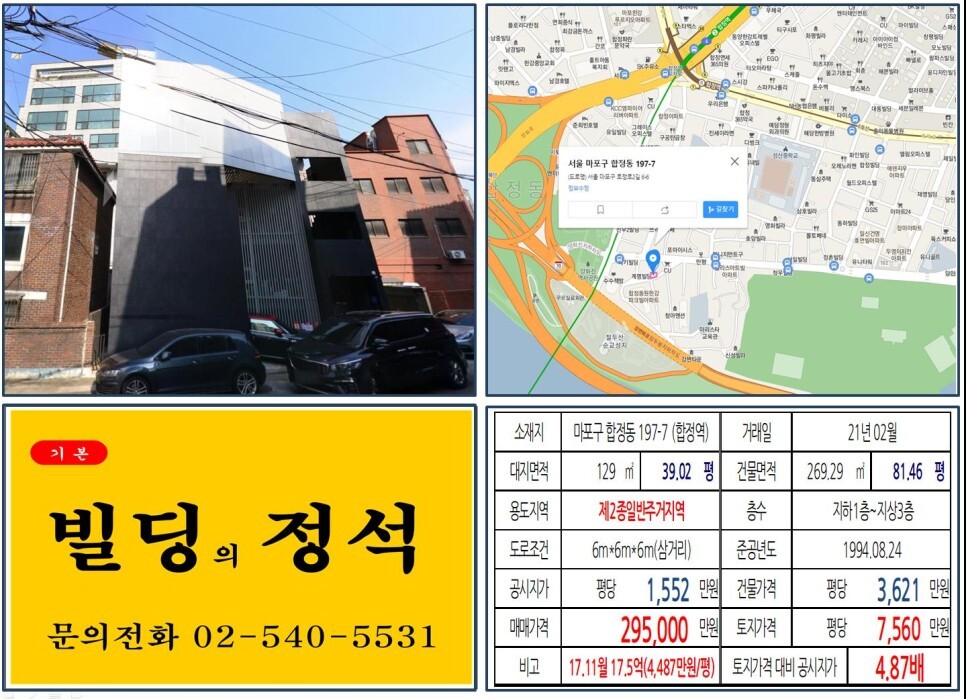  [마포구 당인리발전소 20억 올근생 꼬마빌딩 실거래가 조회] 합정동 197-7 (합정역) 29.5억 원, 평당 7,560만 원 매매되었습니다. 절두산순교성지, 양화진선교공원