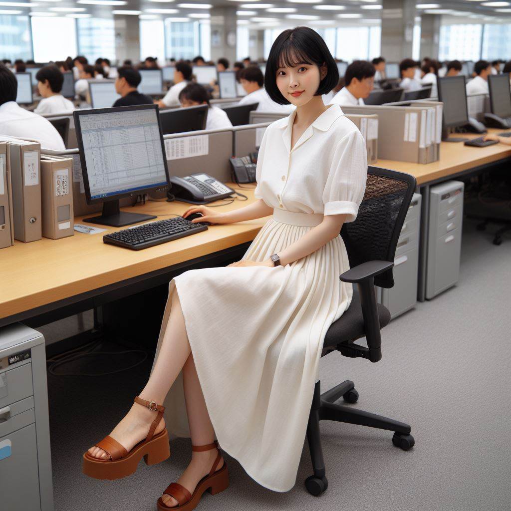 A Korean housewife with short black hair&#44; wearing a white cotton blouse with short sleeves&#44; an ivory long skirt that reaches the middle of her calves&#44; and brown sandals with thin straps and 7cm heels&#44; sitting in front of a computer at a crowded office&#44; working as a civil servant. 지방&#44; 국가 공무원 승진소요최저연수 공무원 임용령 개정