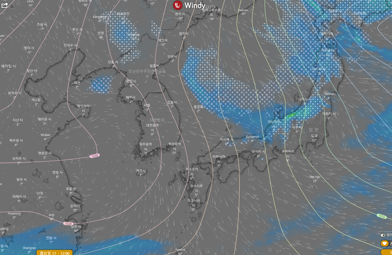 윈디닷컴-ECMWF-눈비구름-예측모델-2022년-1월17일-12시