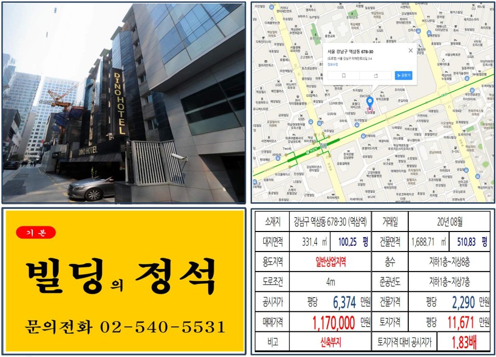  [강남구 테헤란로 신축부지 일반상업지역 실거래가 조회] 역삼동 678-30 (역삼역) 117억 원, 평당 1억 1,671만 원 매매되었습니다.
