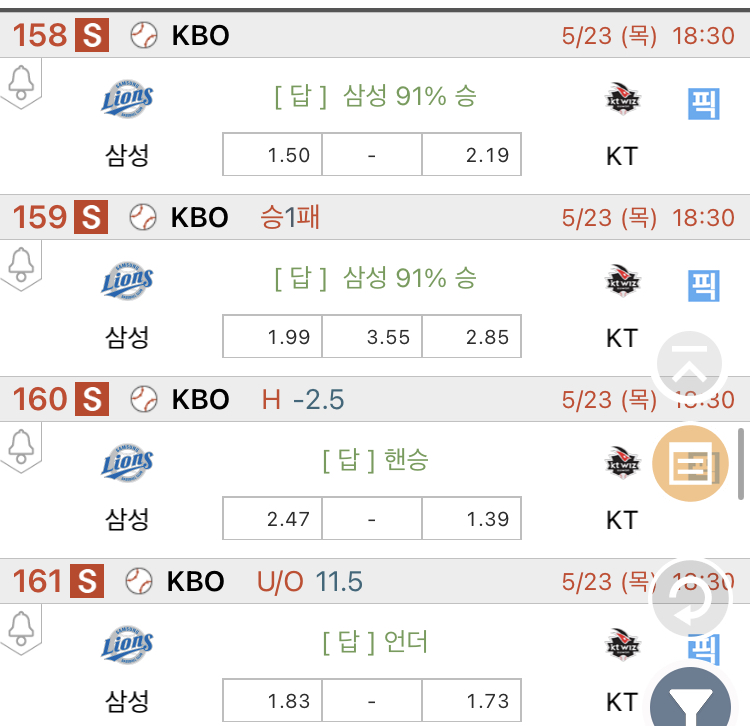 [진짜총판] 5월23일 삼성 VS KT 야구분석