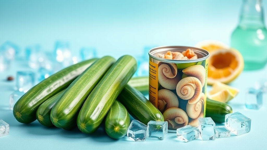 싱싱한 오이 여러 개와 캔골뱅이가 나란히 놓여 있고, 배경에는 시원한 여름 느낌의 소품(얼음, 푸른색 계열)이 있는 이미지.