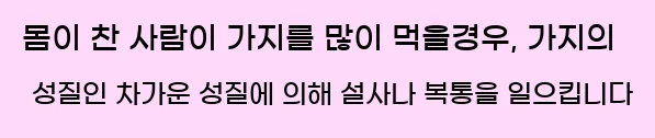  몸이 찬 사람이 가지를 많이 먹을경우, 가지의 성질인 차가운 성질에 의해 설사나 복통을 일으킵니다