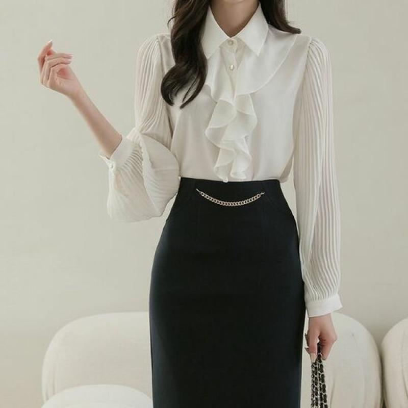 스타일온미 젤로브 금장 플리츠 프릴 블라우스