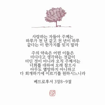 베드로후서 3장 9절 묵상 - 주의 약속은 어떤 이들이 더디다고 생각하는 것 같이 더딘 것이 아니라_20