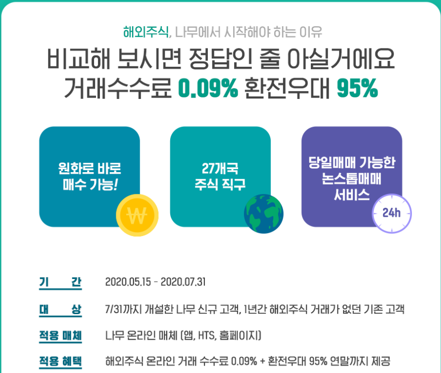  NH투자증권 나무 해외 주식 연말까지 환전 우대 95% ~7/31까지