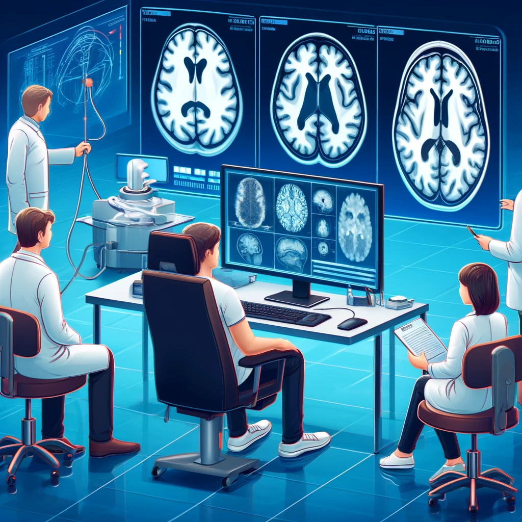 fMRI 스캔을 이용하여 뇌 활동을 분석하는 연구자들이 모인 과학 연구실. 이미지에는 실험실 가운을 입은 연구원