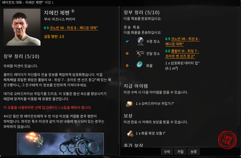 EVE Online 비즈니스 커리어 장부 정리 5/10 암호화된 데이터 칩 전달