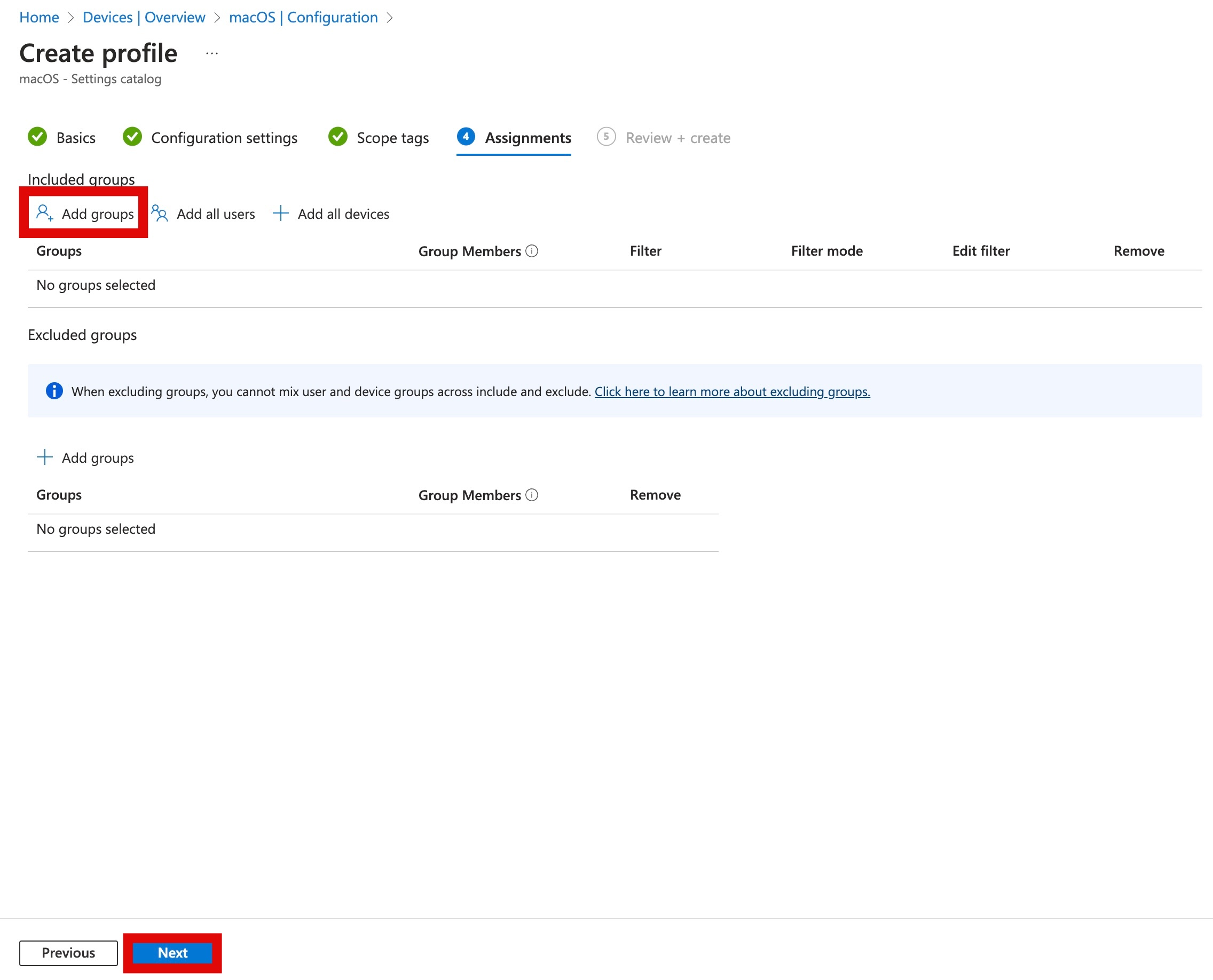 Intune 정책을 적용시킬 그룹 선택