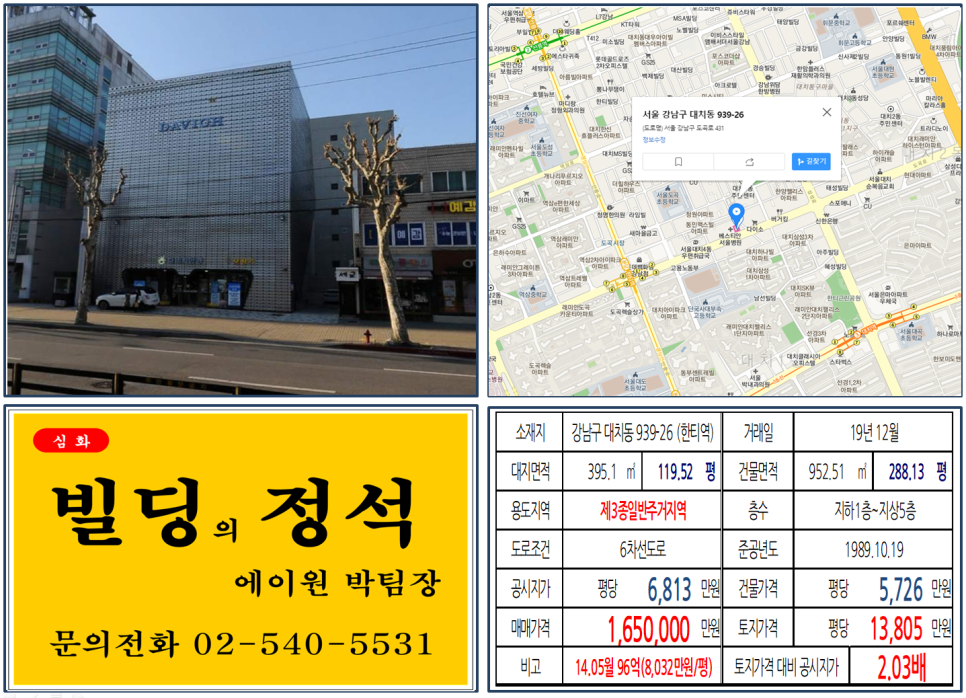  [강남구 대치동 학원가 대로변 빌딩 실거래가 조회] 대치동 939-26 (한티역) 165억 원, 평당 13,805만 원, 다비치안경점, 은마아파트, 래미안대치팰리스, 도곡렉슬