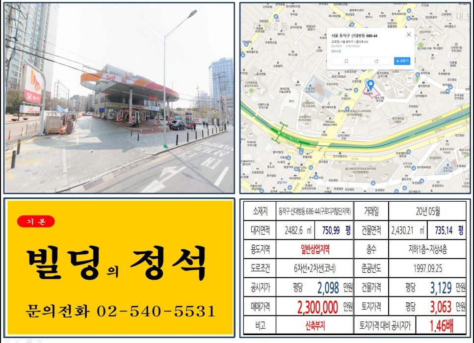  [동작구 아파트 및 오피스텔 신축부지 200억 빌딩 실거래가 조회] 신대방동 686-44 (구로디지털단지역) 230억 원, 평당 3,063만 원