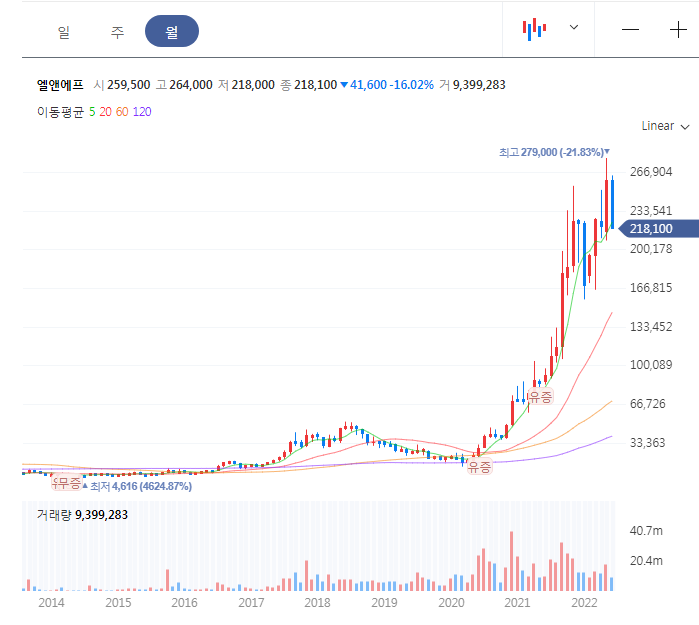 엘앤에프 월봉 차트