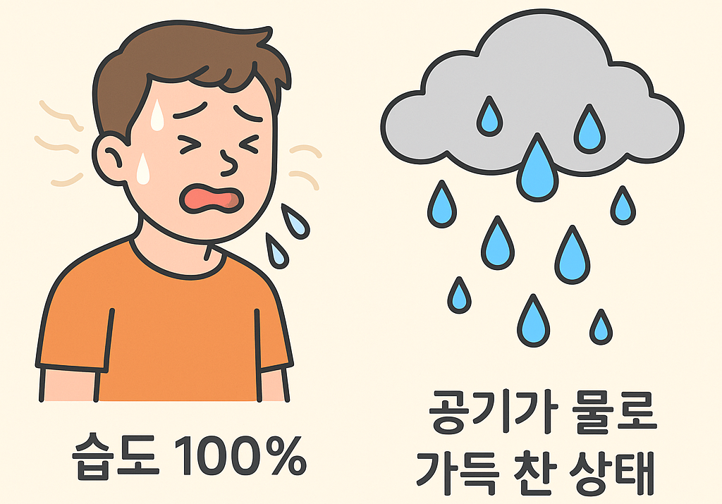 습도 100%가 어떤 상태인지 설명한 교육용 인포그래픽