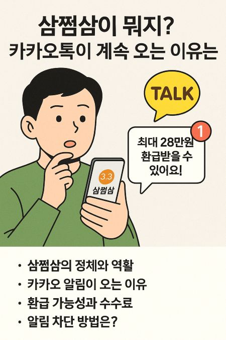 삼쩜삼 서비스와 관련된 카카오톡 알림에 대해 설명하는 한국어 인포그래픽. 스마트폰을 들고 놀란 표정을 짓고 있는 남성이 삼쩜삼 앱 화면을 보고 있으며, 옆에는 “최대 28만원 환급받을 수 있어요!”라는 말풍선과 함께 TALK 아이콘이 떠 있다. 하단에는 삼쩜삼의 정체, 알림 이유, 환급 수수료, 차단 방법 등이 항목별로 정리되어 있다