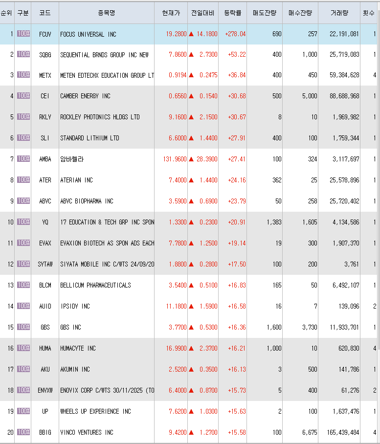  9월1일 미국주식 상승률 상위 종목 TOP 300