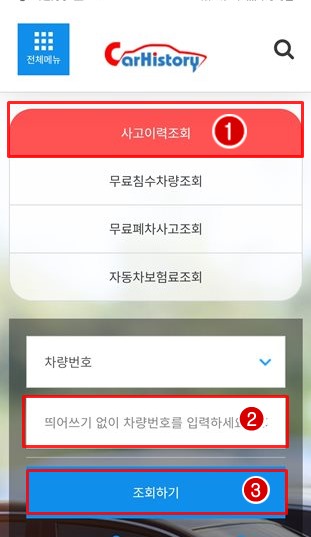 카히스토리-사고이력조회-차량번호-입력후-조회하기-하늘색-버튼-클릭하기