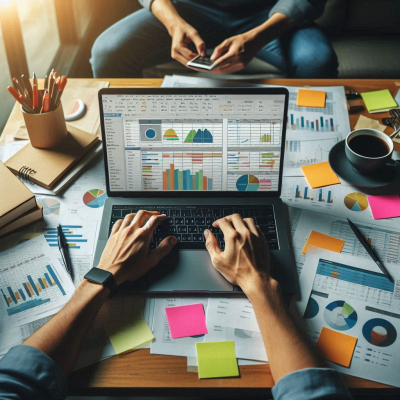 다양한 그래프와 차트가 화면에 표시된 노트북을 사용해 분석하는 장면.