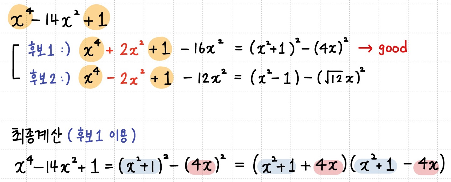 복이차식에서 인수분해가 안되는 경우 후보 2가지를 생각하고 풀이하는 과정