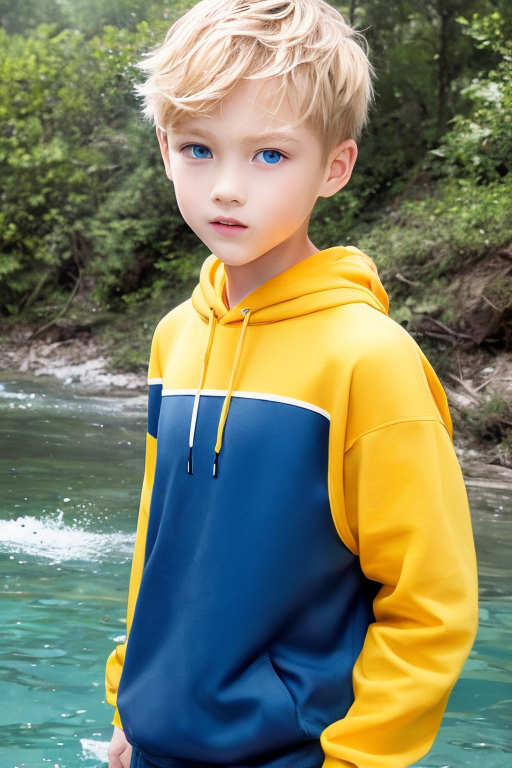  [Boy-124] Free commercially available Ai images of blond hair, blue eyes boy in a forest background