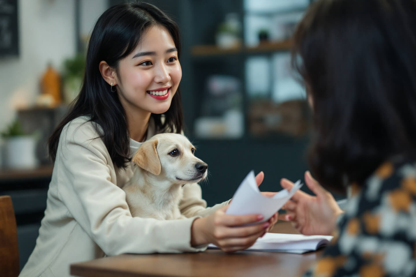 Korean person answering questions about dog adoption to potential adopter