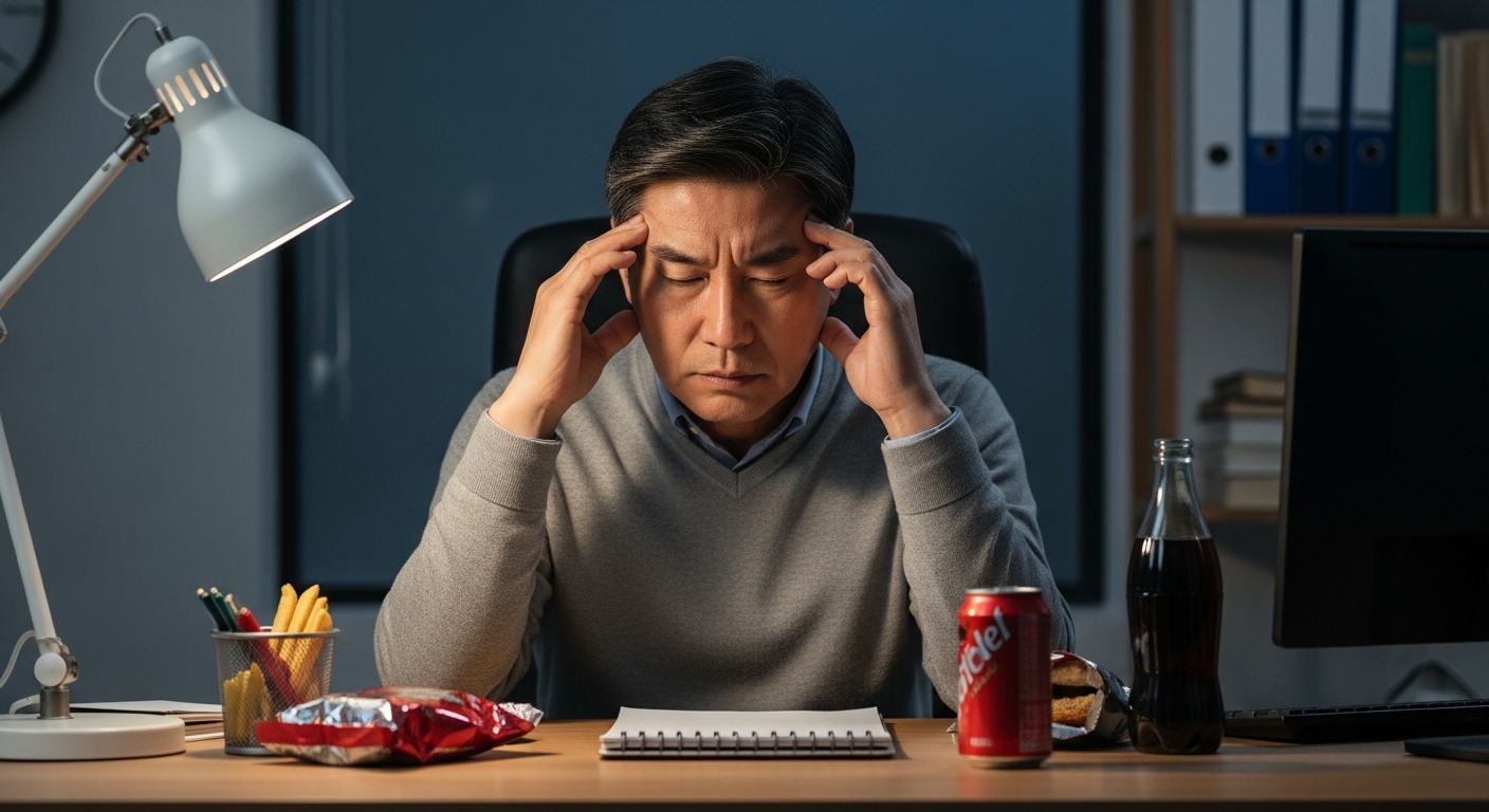 스트레스와 야식을 반복하며 심혈관에 부담을 주는 한국 중년 남성