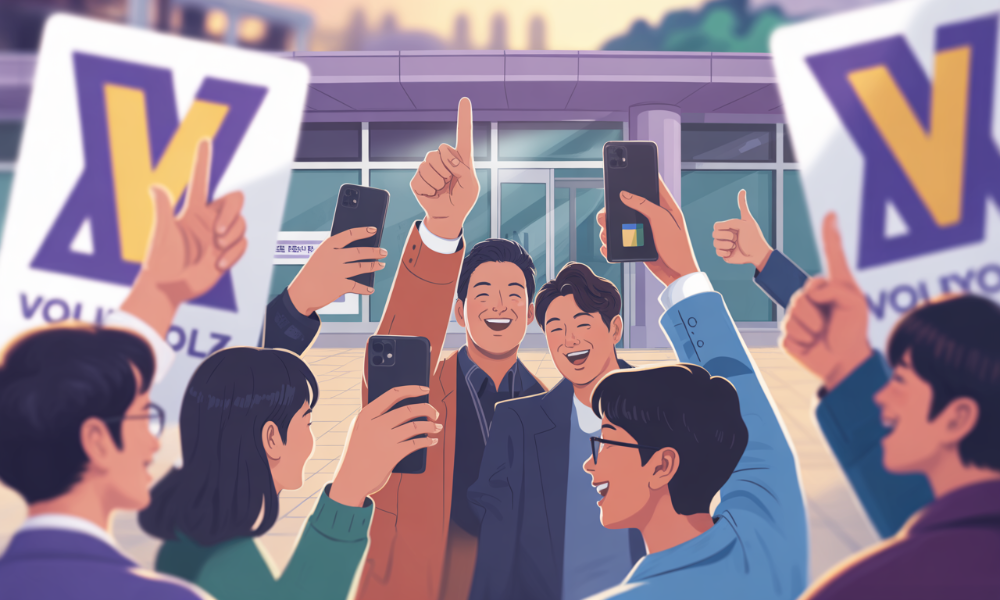 투표소 밖에서 손가락으로 브이(V)나 엄지척을 하며 즐겁게 투표인증샷을 찍는 다양한 사람들의 모습. 주변에는 선거 관련 표지판과 퍼플-옐로우 테마의 활기찬 분위기가 감돈다.
