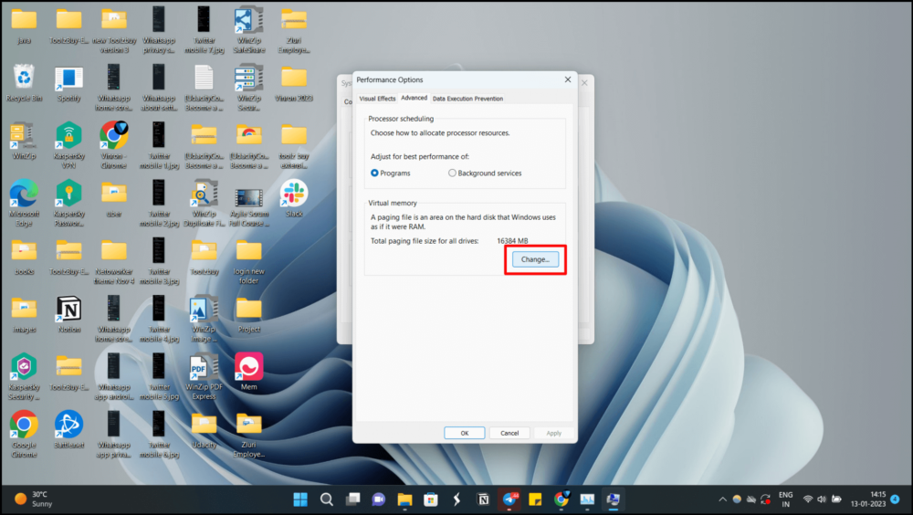 윈도우 시스템 속성 메뉴의 성능 메뉴
