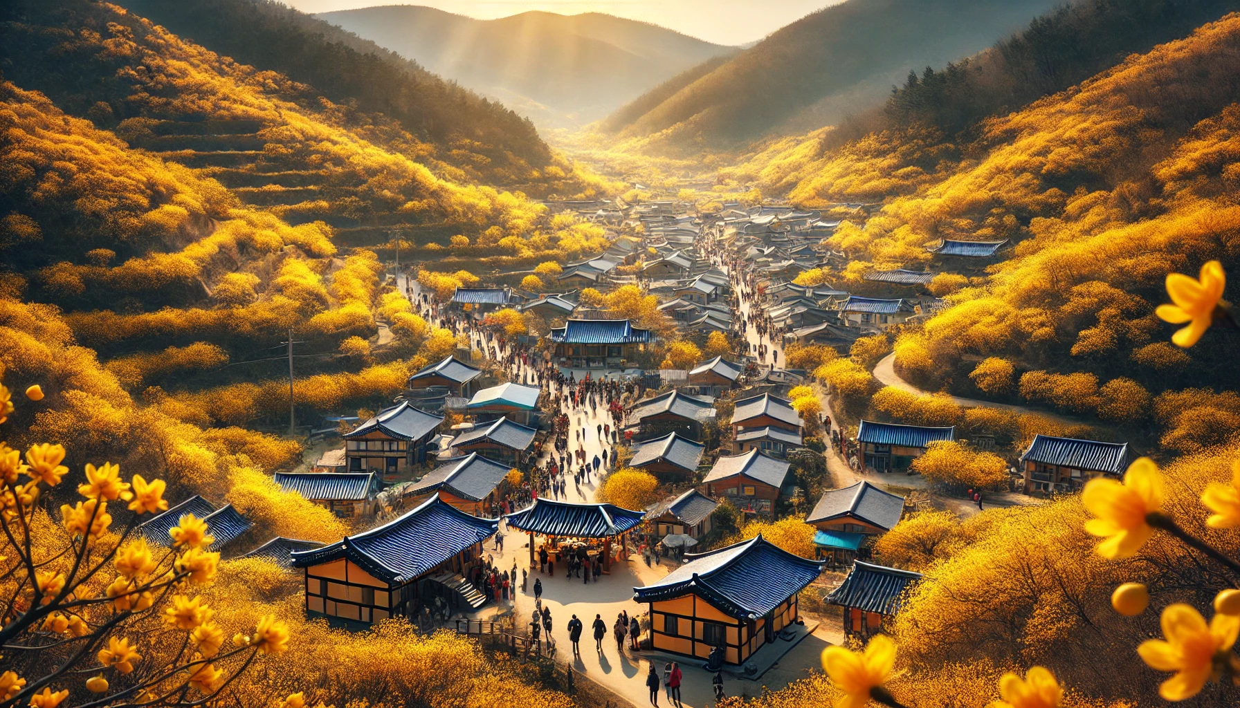 구례 산수유꽃축제의 아름다운 풍경. 노란 산수유꽃이 만개한 언덕과 전통 가옥이 조화를 이루며, 방문객들이 따뜻한 봄 햇살 속에서 산책을 즐기는 장면.