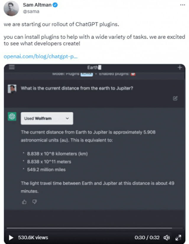 샘 알트먼이 X를 통해 챗GPT 플러그인을 소개했다.