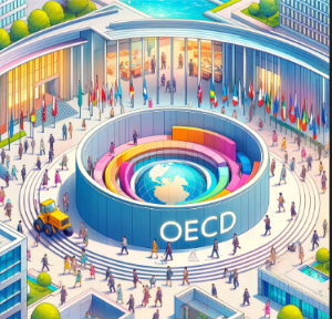 OECD(경제협력개발기구) 회원국들을 상징하는 이미지를 디자인했습니다. 중앙의 지구본 주위로 OECD 회원국들의 국기가 조화롭게 배열된 모습