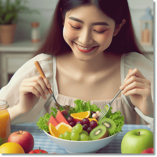 과일 채소 샐러드 먹는 여성