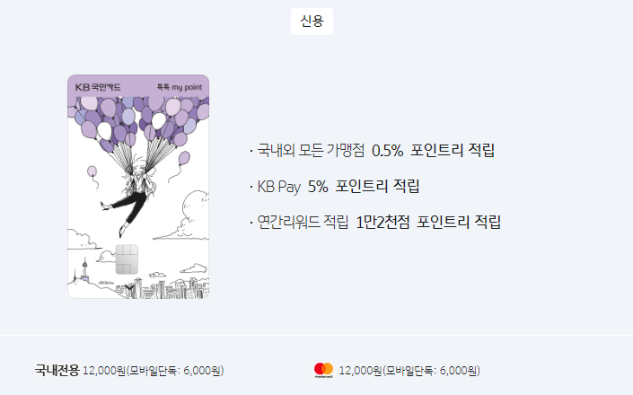  KB국민카드 톡톡 마이포인트 카드 출시, KB페이로 결제시 무실적 5% 적립까지